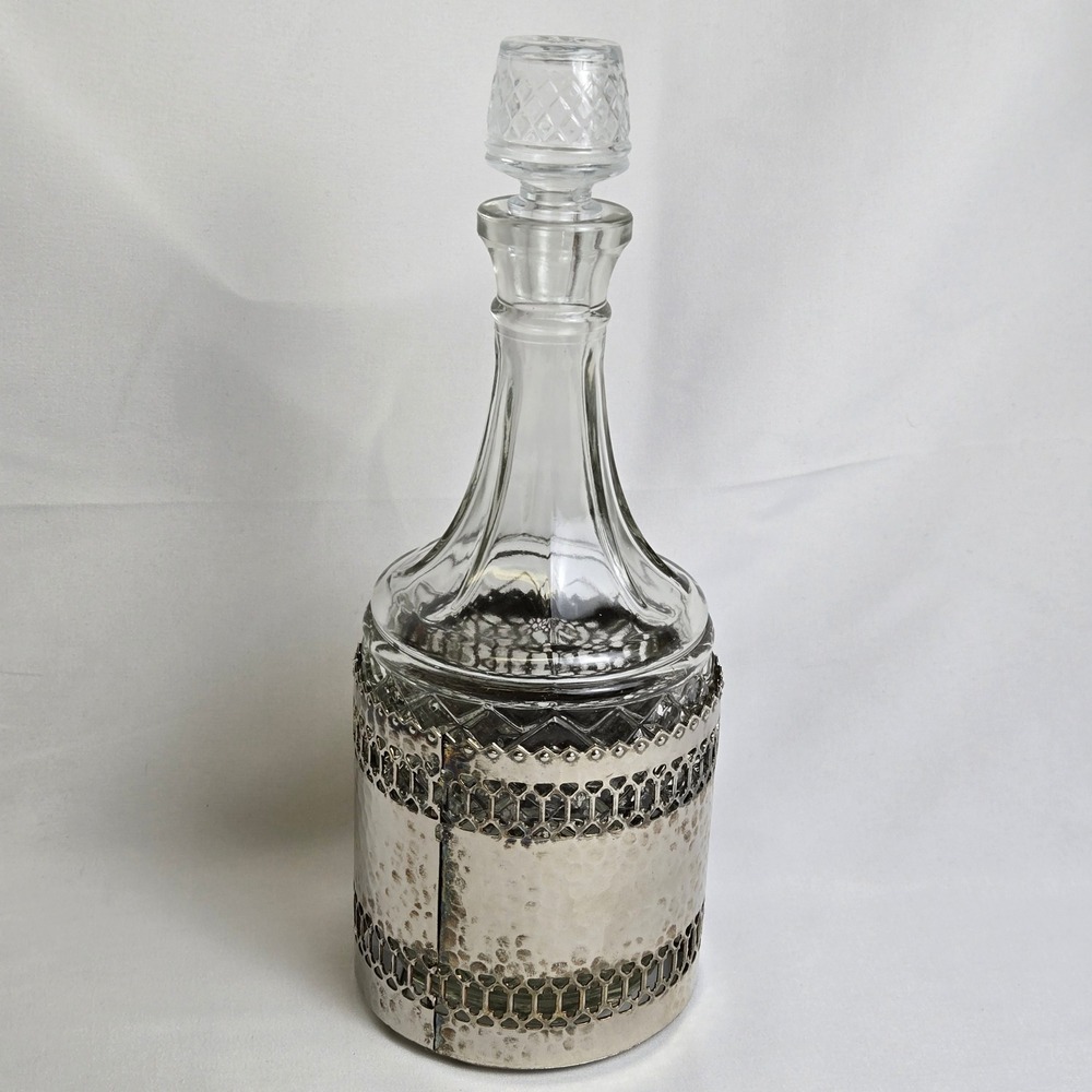 Glass Liquor Decanter, Decorative Silver Tone Hammered Metal Caddy 11" Vintage - Picture 13 of 16
